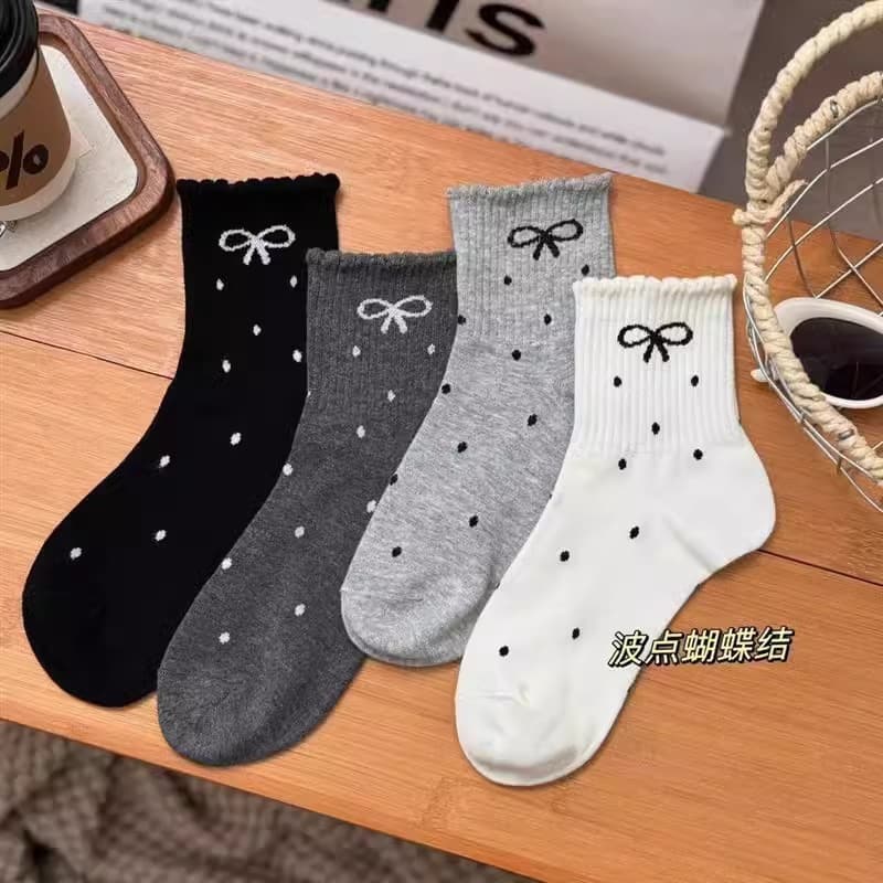 Bowknot Socks Women's Lace Mid-Length Socks Spring and Summer Cotton Socks Autumn Stockings Sweet Japanese Style Socks Ins Trendy