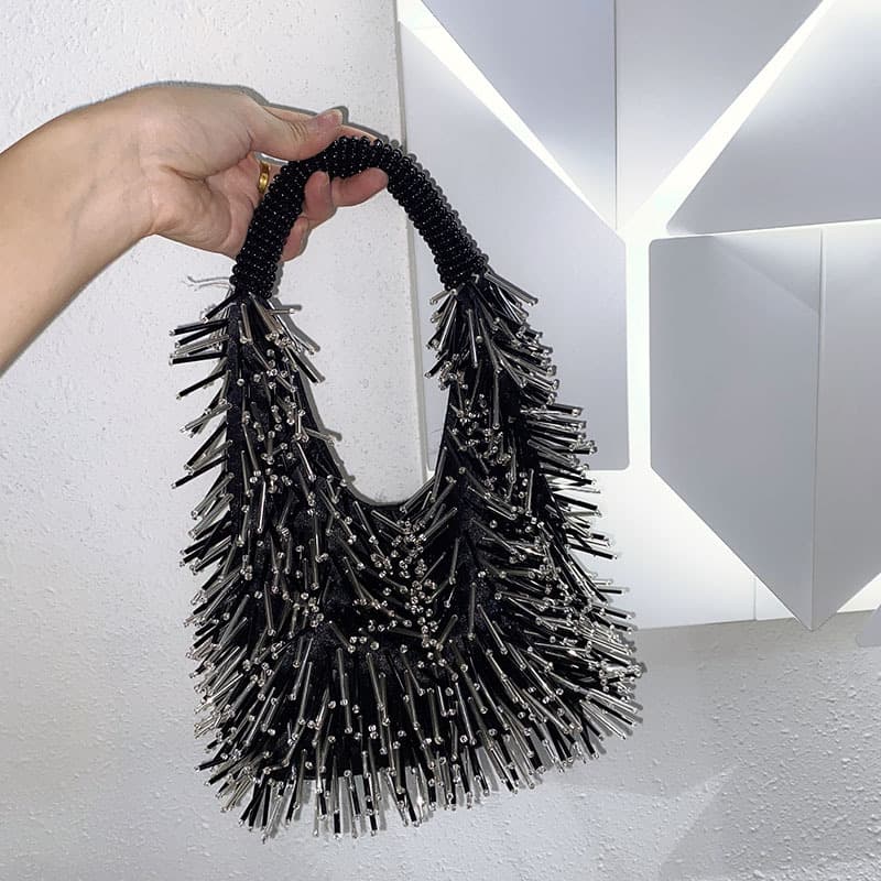 Autumn Winter Rivet Tassel Locomotive Trendy Fashion Beaded Handbag Exquisite Personality Lipstick Underarm Bag