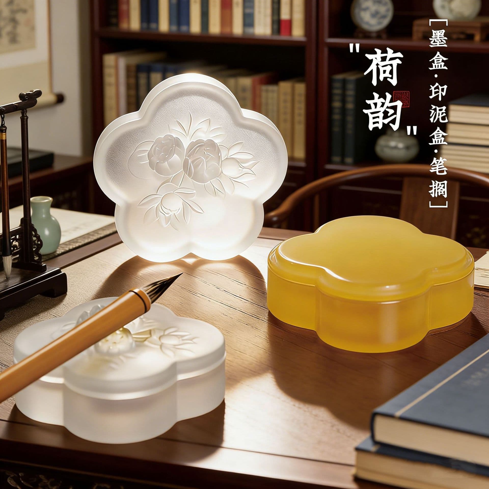 New Chinese Style Lotus Ink Box with Lid, Non-Drying Ink Pad Box, High-Quality Colored Glass Lotus Brush Rest for Study Room