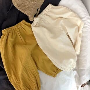 Boys and Girls Mosquito-Proof Pants, Children's Solid Color Loose Lantern Pants, Cuffed Long Pants, Linen Cotton Pants, Summer Baby Casual Pants