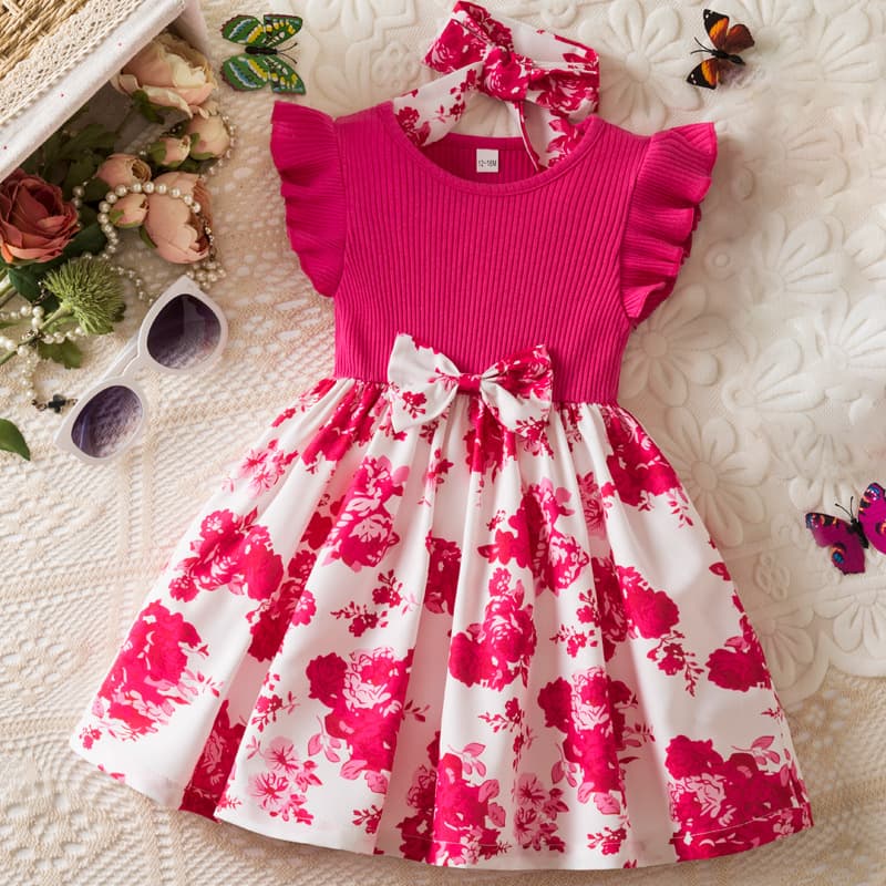 Summer New Girls Dress Round Neck Butterfly Sleeve Bow Princess Dress Baby Birthday Party Dress