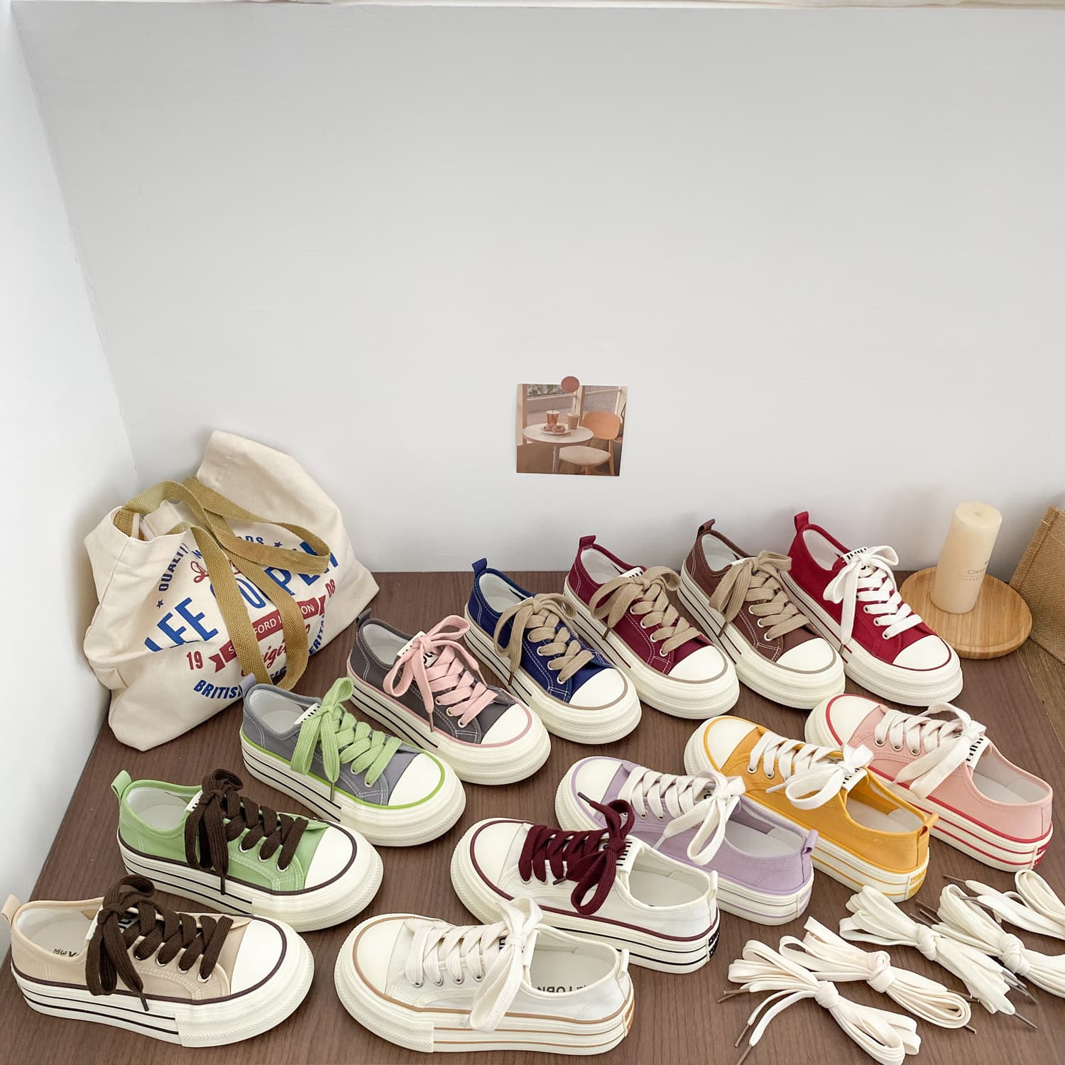 H1323 Elastic Band / Two Shoelaces Explosion Thick-Soled Canvas Shoes Women's Round White Shoes All-Match Thin Board Shoes