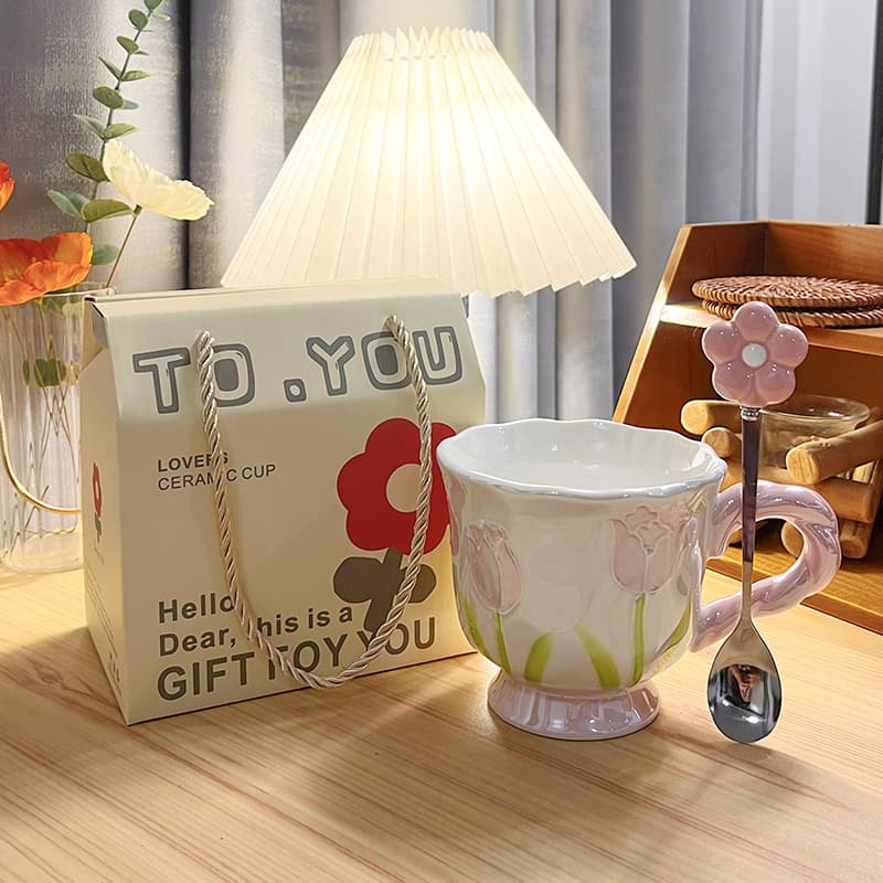 Tulip Ceramic Cup Hand-Painted Embossed High-Appearance Coffee Cup Mug Pearlescent Couple Girl Home Water Cup
