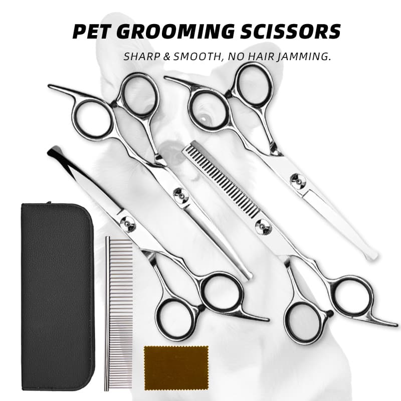 Factory Wholesale Professional Pet Grooming Scissors Set Stainless Steel Cat Dog Hair Trimming Tools Straight, Thinning, Curved Scissors
