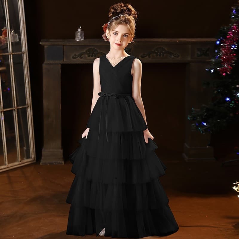 Sleeveless children's dress host piano playing girl dress black big children princess dress light luxury performance clothes