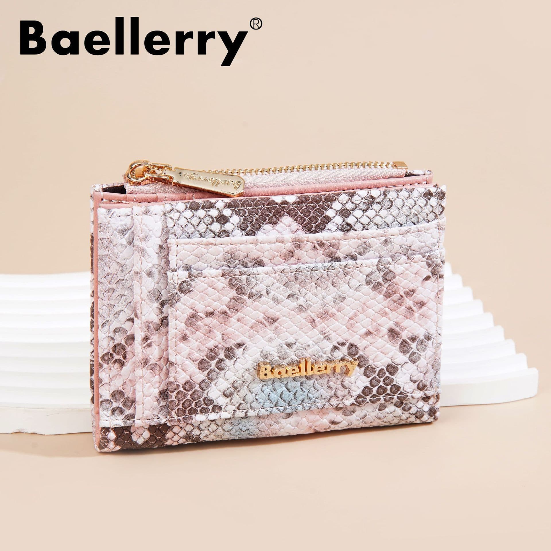 Baellerry Ladies Short Wallet Snake Pattern Zipper Clutch Bifold Durable PU Leather Card Holder Fashionable Compact Size