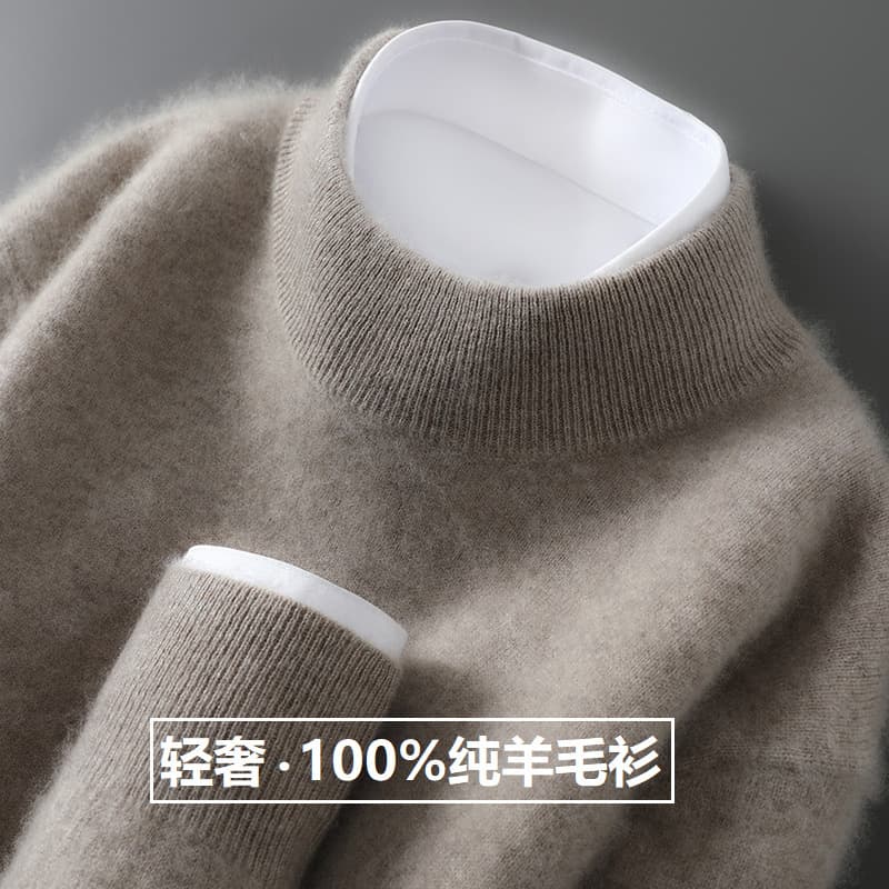 Cross-border exclusive 100% pure woolen sweater for men, half turtleneck, versatile basic knitted casual loose bottoming cashmere sweater