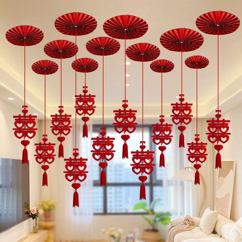 Wedding Room Decoration Set Living Room Ceiling Fan Flower Hanging Ornaments Double Happiness Hanging Decor Wedding Supplies