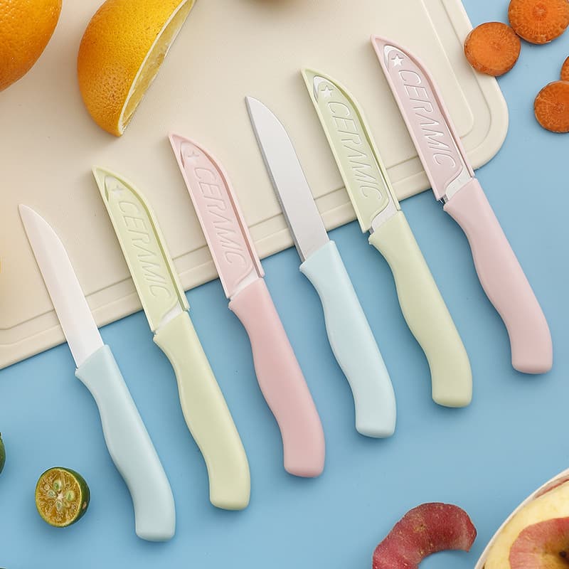 Ceramic Fruit Knife with Knife Cover Portable Fruit Peel Knife, Cutting Fruits and Vegetables Complementary Food Small Knife Household Nordic Color Peeler