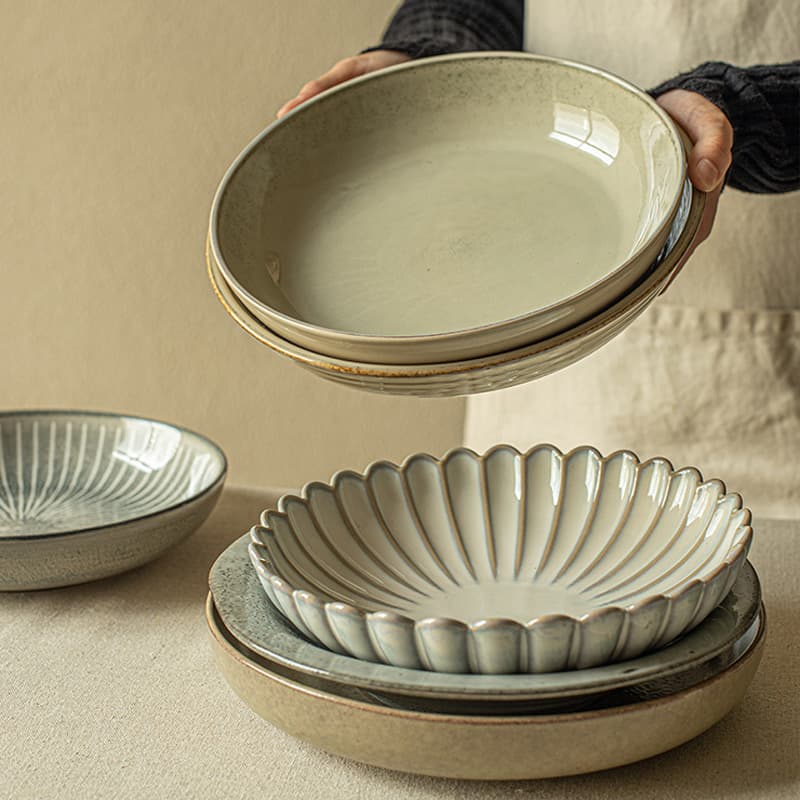 Japanese Retro Versatile Deep Plate Set, High-Quality Ceramic Thickened Dinner Plate, Salad Plate, Breakfast Plate, Tableware Plate