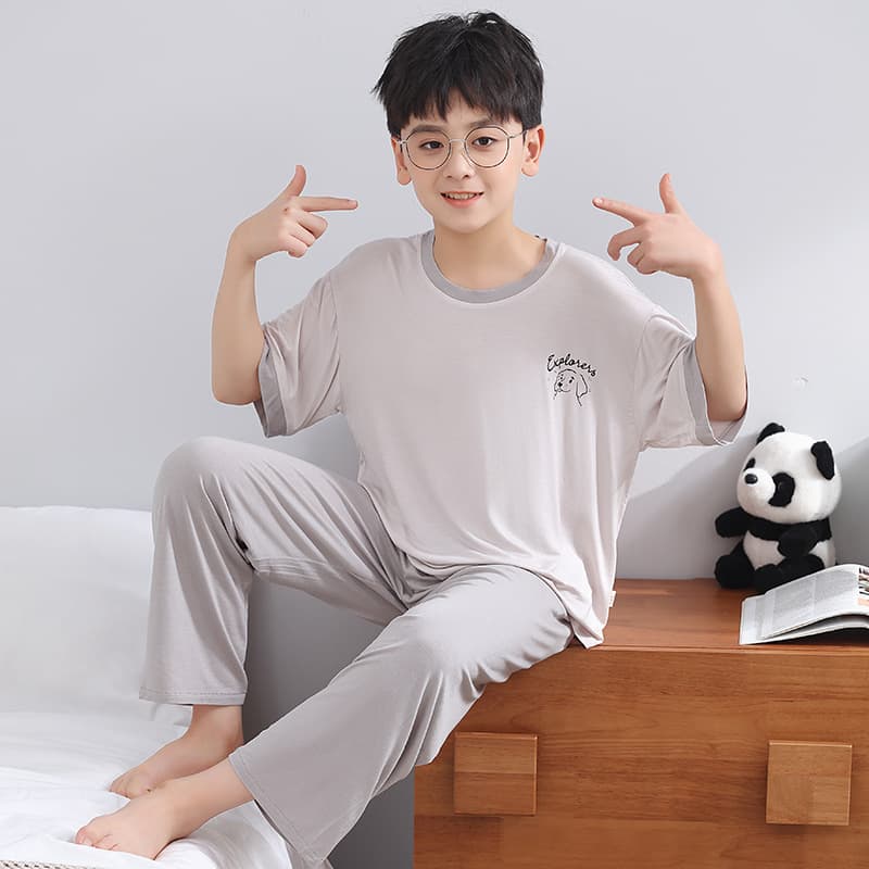 Boys Summer Sleepwear Thin Short Sleeve Long Pants Home Clothes Two-Piece Set Big Kids Modal Air Conditioning Suit Milk Silk Fabric