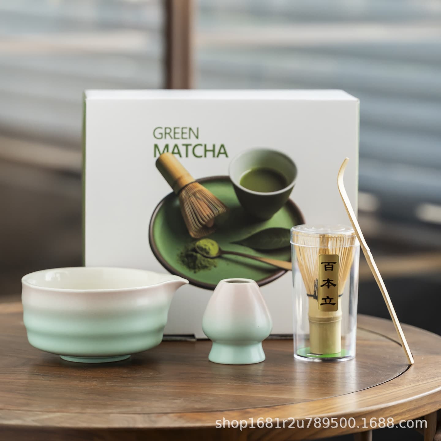 New Japanese Ceramic Spouted Matcha Bowl 4-Piece Set, Hyakuhon-ryu Tea Scoop and Whisk, Cross-border