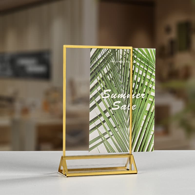 Gold-rimmed acrylic L-shaped transparent plexiglass stand for desktop display on Amazon (cross-border e-commerce).