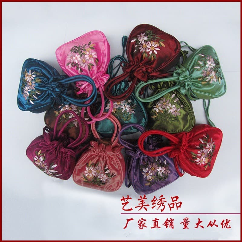 Handmade Ribbon Embroidery Drawstring Bag, Ethnic New Chinese Style, Multiple Colors Available, Wholesale from Manufacturer