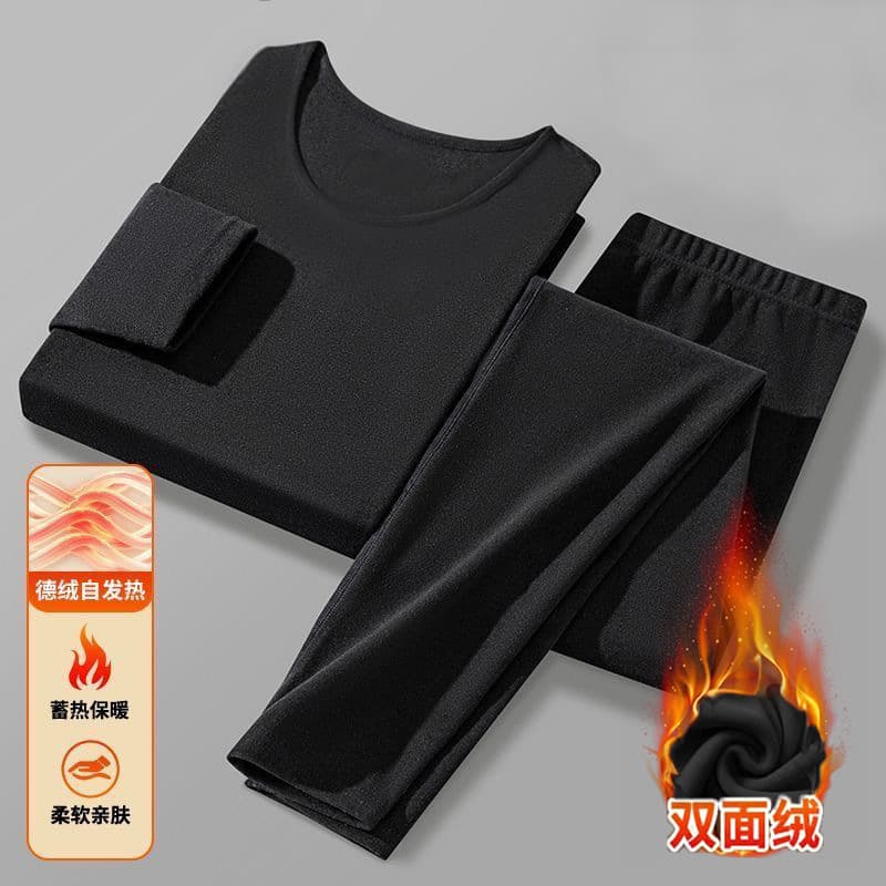Men's Winter Autumn/Winter Round Neck Double-Sided German Fleece Thermal Underwear Set, Thickened Fleece-Lined Base Shirt Top