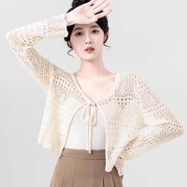 Spring and Summer Versatile Crochet Hollow-Out Round-Neck Tie-Up Long-Sleeve Knit Cardigan Shawl Trendy Slim-Fit Stylish Outerwear