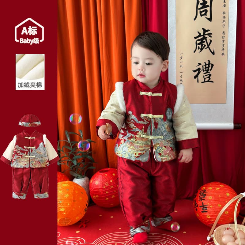 New Autumn/Winter Fleece-Lined Cotton Baby Tang Suit for Boys and Girls, Infant First Birthday Outfit, Festive Warm Birthday Party Dress