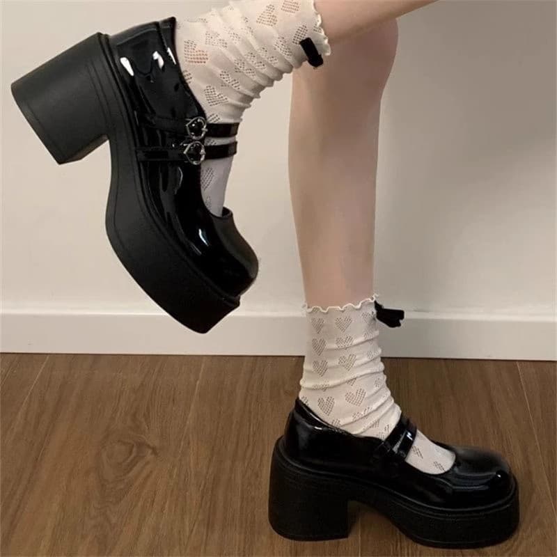 Black British Style Mary Jane Shoes for Women, Platform Heel Loafers with Height Increase, JK Single Shoes, High Heels