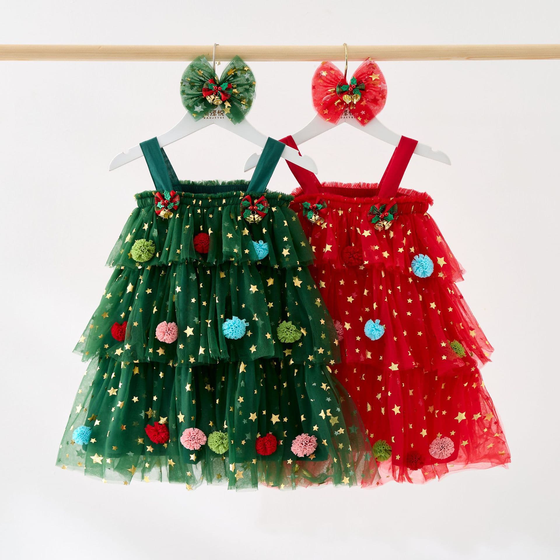 New Children's Dress Christmas Holiday Star Mesh Tiered Dress, Princess Puffy Dress, Baby Sleeveless