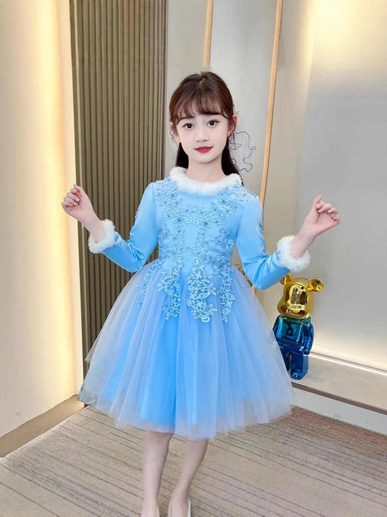 Girls' Princess Dress Long Sleeve Fleece-Lined Faux Fur Trim Tulle Dress Party Birthday Wedding Gown Children's Heavy-Duty Formal Dress