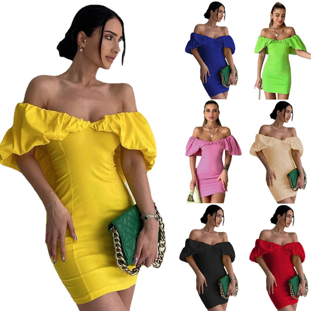 Women's Spring 2024 New Arrival Amazon European and American Casual Waist-Tightening Smocked Off-Shoulder Bodycon Dress