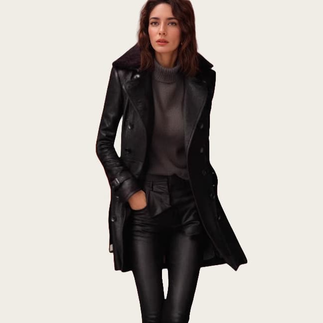 Cross-border Trade Stock Women's Jacket British Style Thick Fur Collar Mid-Length Leather Moto Jacket Leather Coat for Women