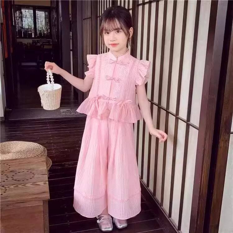 Girls New Chinese Style National Style Wide Leg Pants Suit Little Girls Summer Clothes 2026 New Children's Hanfu Casual Two-piece Set