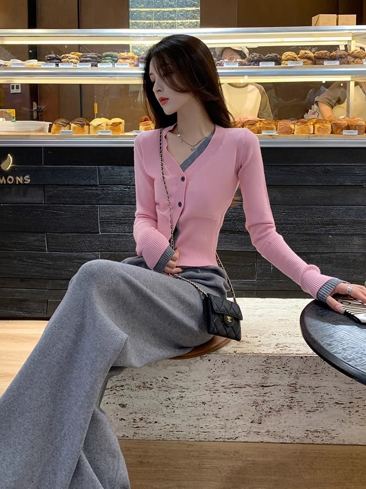 Spring Autumn Knitted Set V-neck Long Sleeve High Waist Wide Leg Pants Two-piece Women's Fashion Casual Princess Sleeve Style