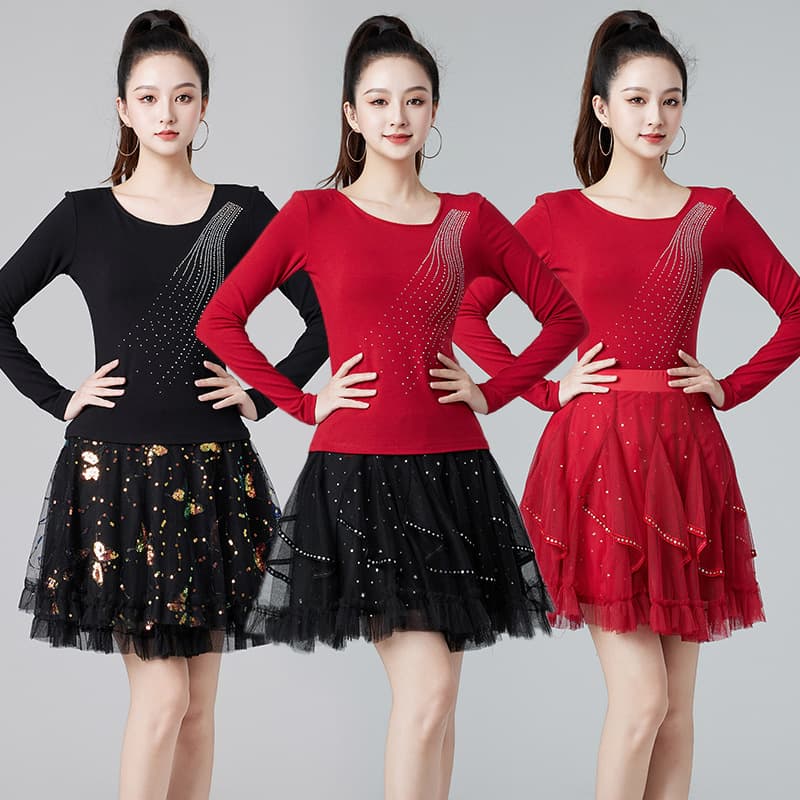 Modern dancewear fashionable rhinestone ballroom dance practice suit, long-sleeve Latin dance top for women adult set 2502.
