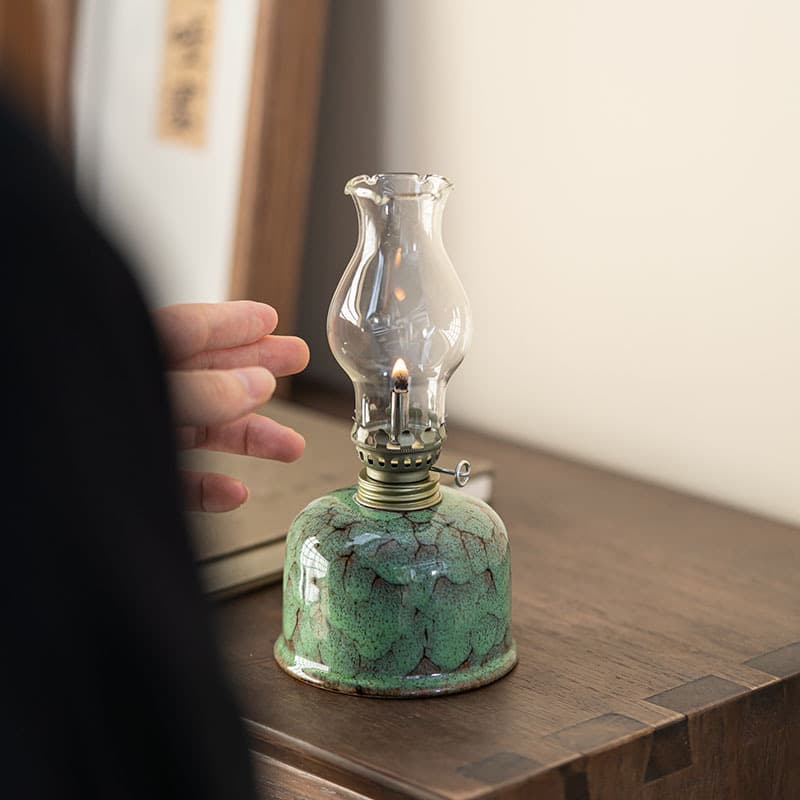 Kiln-transformed ceramic eternal flame tea room ornament, creative blue and white butter lamp for home use, camping ambiance light decoration