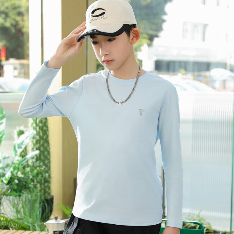 Youth Base Layer Long Sleeve T-Shirt for Spring and Autumn, Boys' Top, Big Medium Small Sizes, White, T