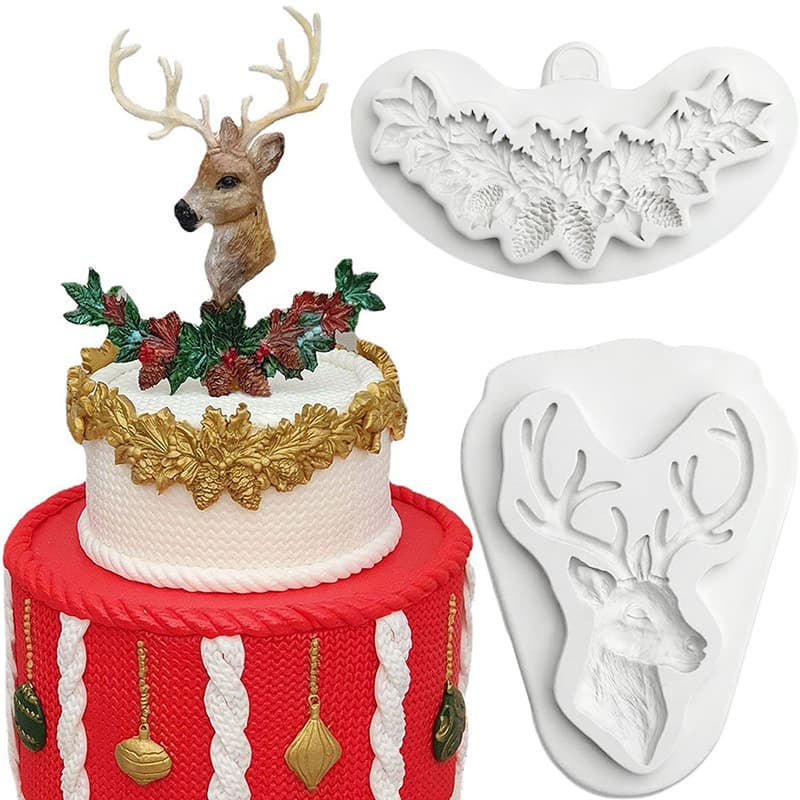 New Christmas silicone mold, elk head pine cone leaf silicone mold, chocolate cake decoration fondant mold