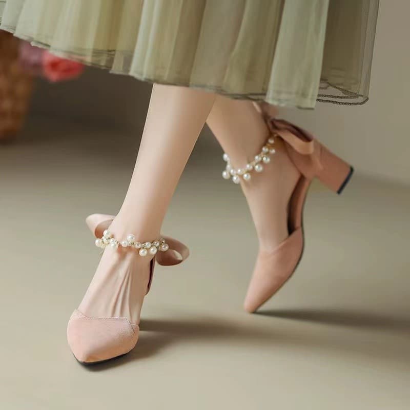 French Style Chunky Heel Sandals for Women, Summer Fairy Gentle Bridesmaid Shoes, Open-Toe Mid-Heel with Bowknot