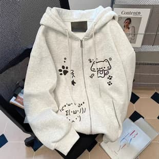 Niche Lightweight Cute Zipper Print Cardigan Jacket Women Student Loose 2025 Autumn Winter Hoodie