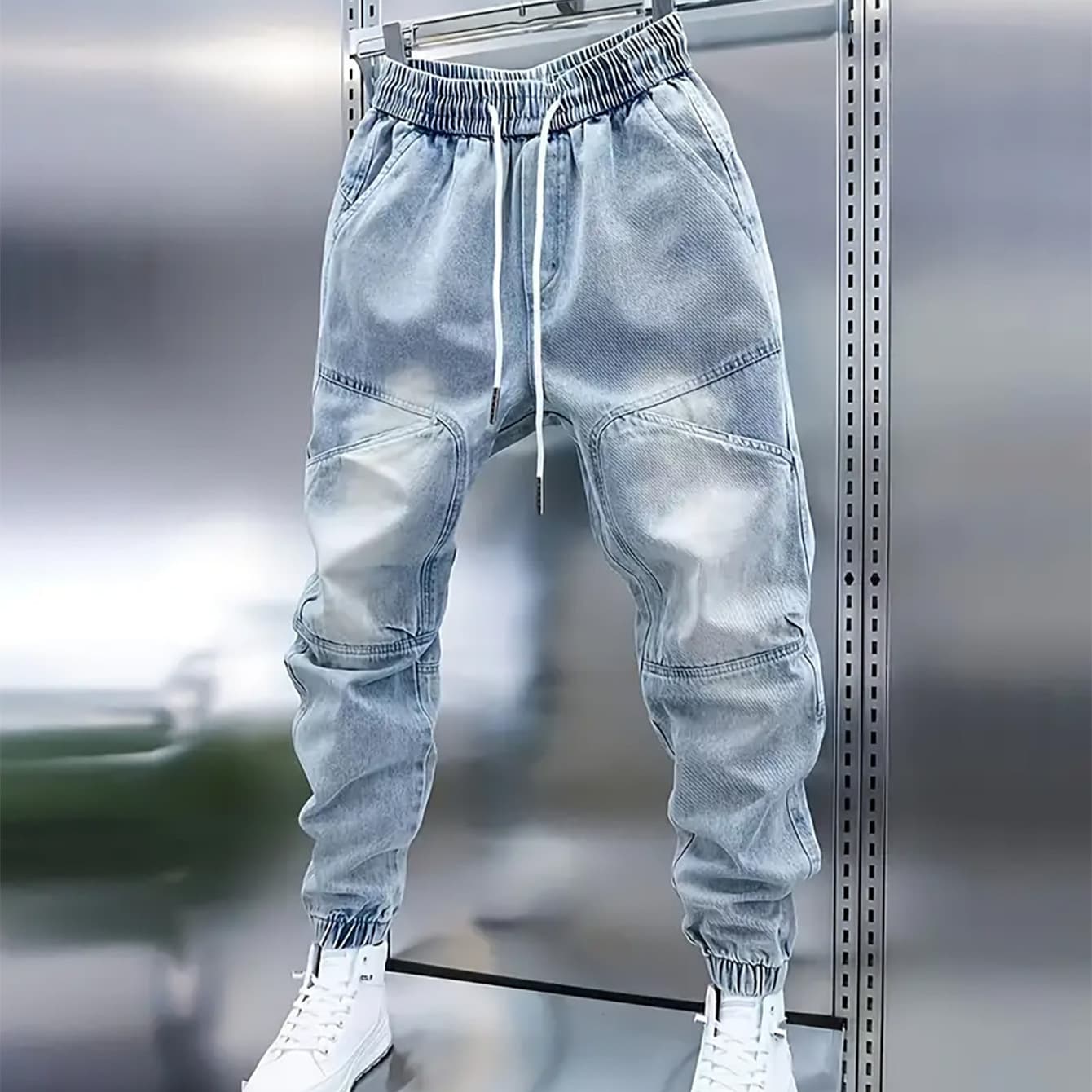 Loose Fit Men's Light Blue Elastic Cuffed Jeans Hip Hop Style Casual Trousers Comfortable Elastic Waistband