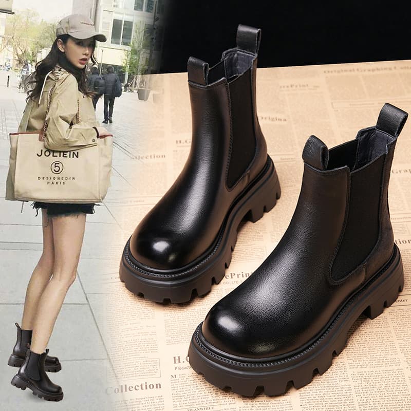 Thick Sole Martin Boots Women 2025 Autumn Winter New Short Boots for Petite Height Increase, Fleece-Lined Barrel Boots Fashion Single Boots
