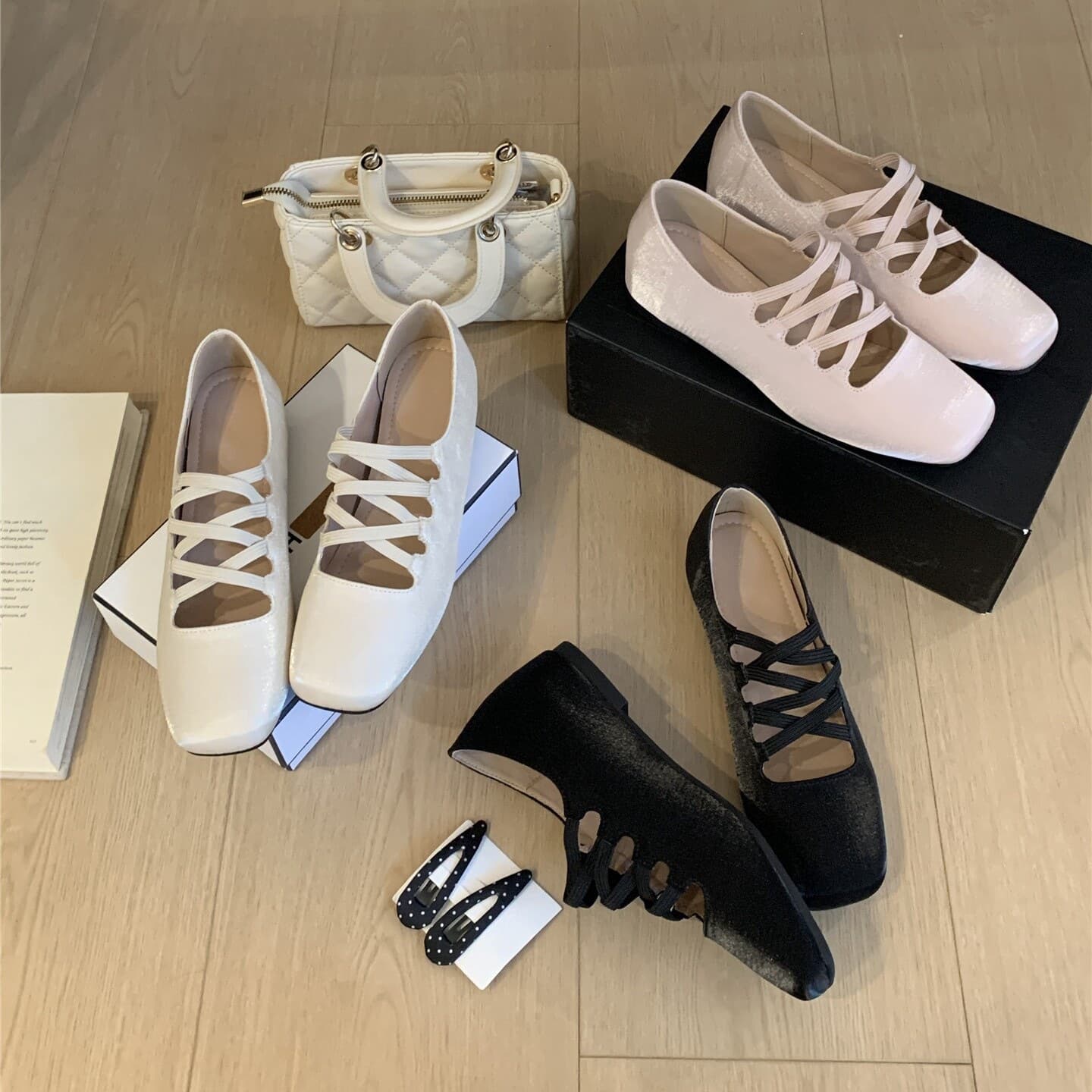 Korean-style Cross-Strap Ballet Flats for Women 2026 New Square Toe Mary Jane Shoes with Elastic Band Commuter