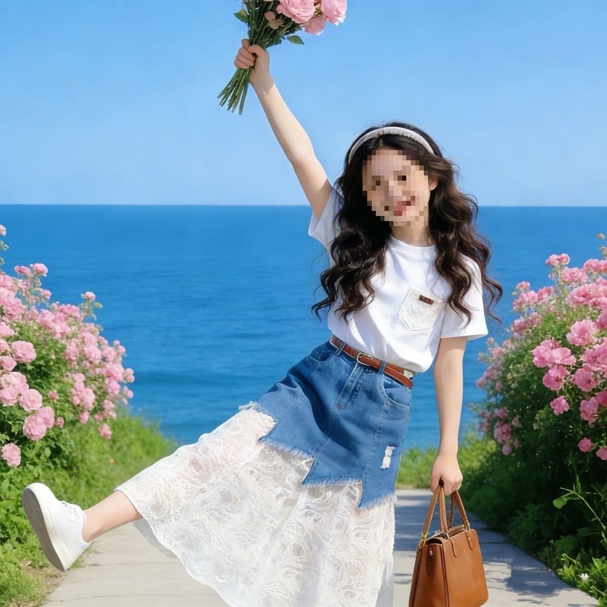 Girls' Summer New Style Denim and Lace Patchwork Skirt Set, Short Sleeve Two-Piece Outfit for Middle School Students