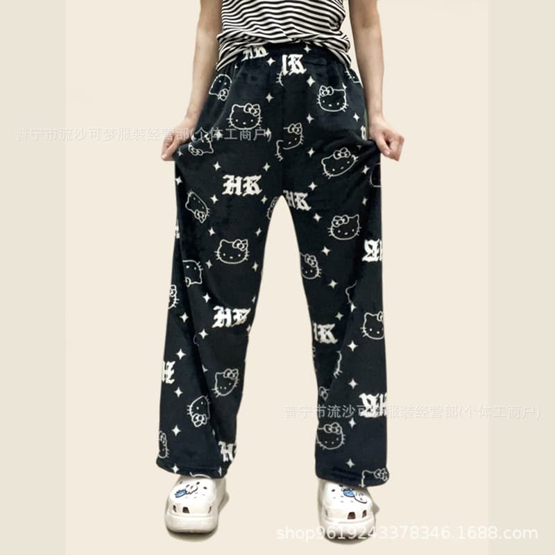 KT Cat Sleep Pants Women Flannel Autumn Winter Thick Warm Casual Fleece Coral Velvet Home Pants Plus Size