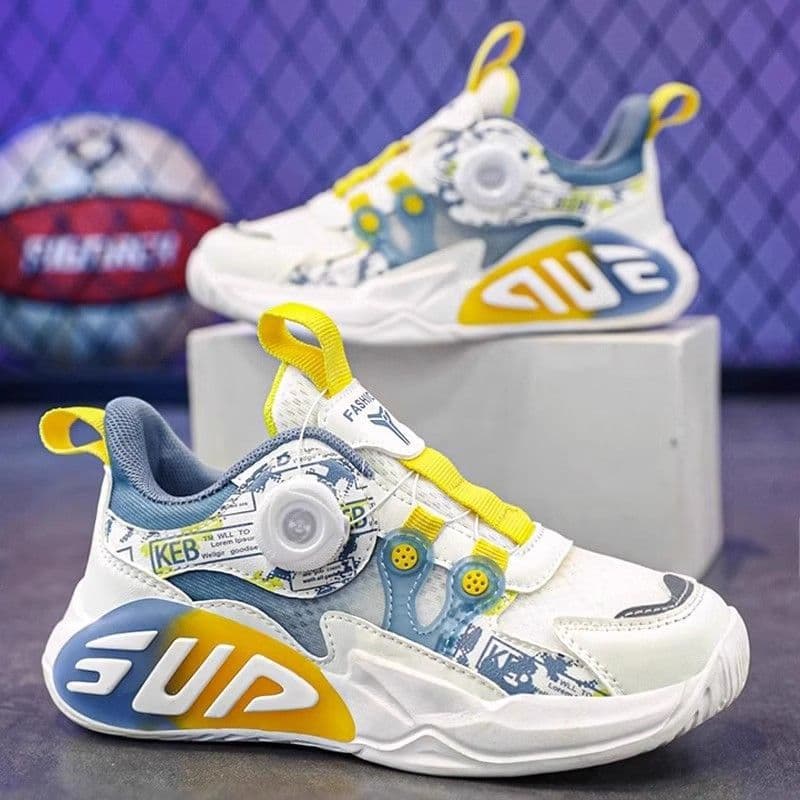 New autumn style children's sports shoes for boys and girls, featuring ice silk uppers and rotating buttons, suitable for medium and large children, including casual running and basketball shoes.