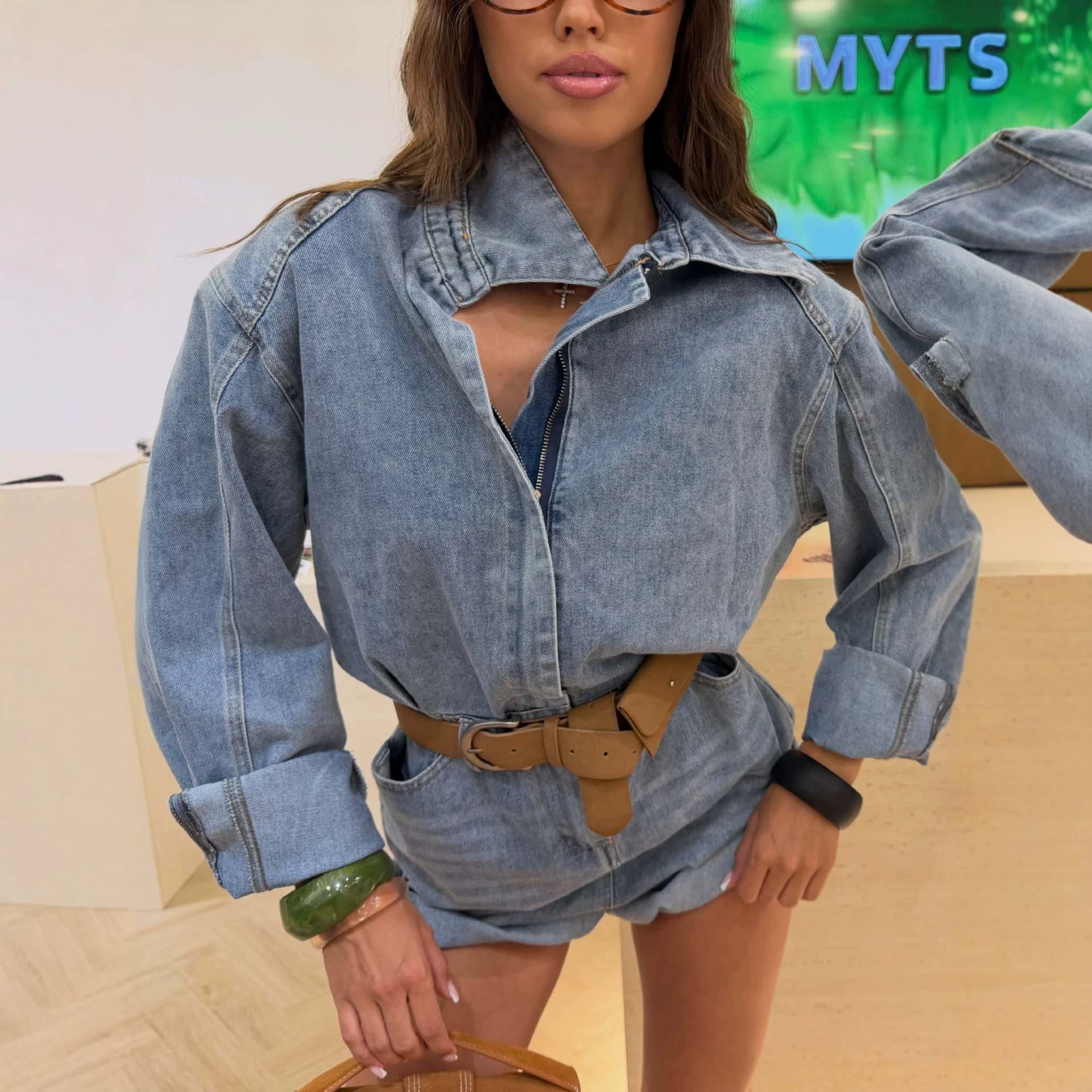 European and American Loose-Fit Jumpsuit Cross-Border Fashion Independent Station Personalized Washed Long-Sleeve Denim Romper for Women with Belt