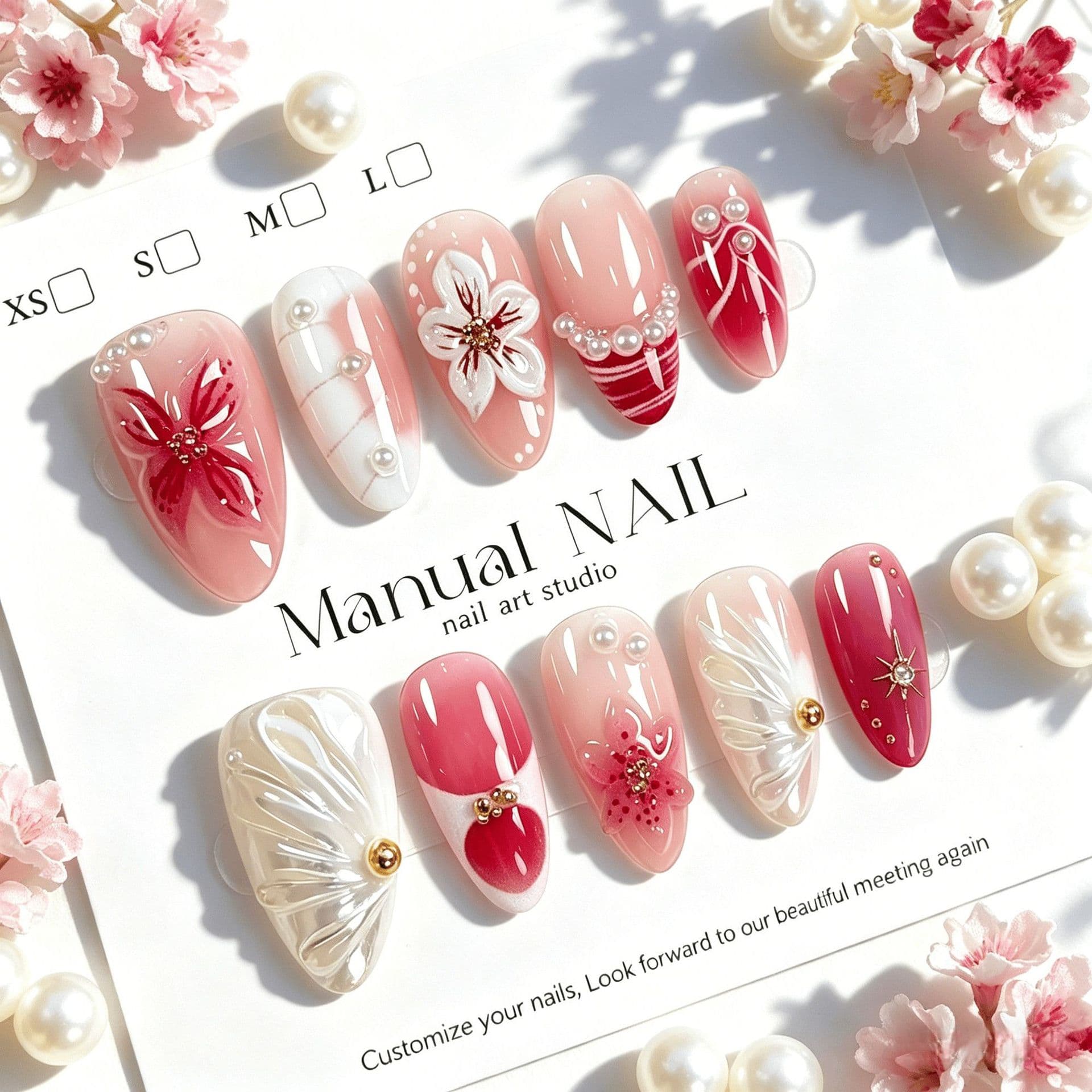 Premium Semi-Handmade 3D Cherry Blossom Pearl Long Teardrop Almond Press-On Nails 10-Piece Set with Exquisite Box