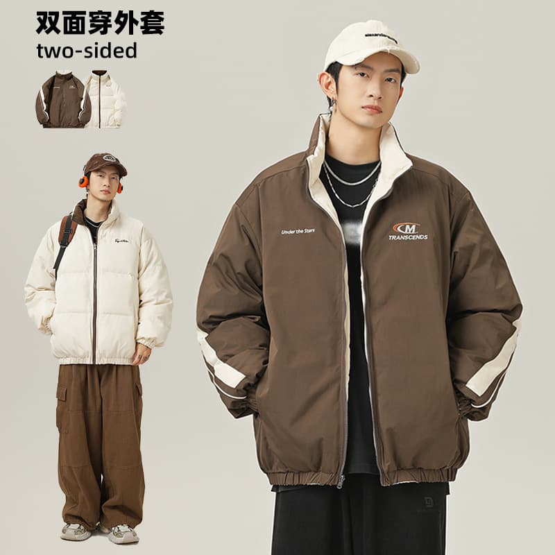 American Retro Reversible Contrast Design Cotton Coat Winter Letter Print Quilted Jacket Thick Puffer Jacket
