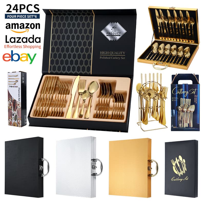 Cross-border Amazon Stainless Steel Knife, Fork, and Spoon 24-Piece Gift Box Set, High-Aesthetic Western Cutlery Steak Knife and Fork Four-Piece Set