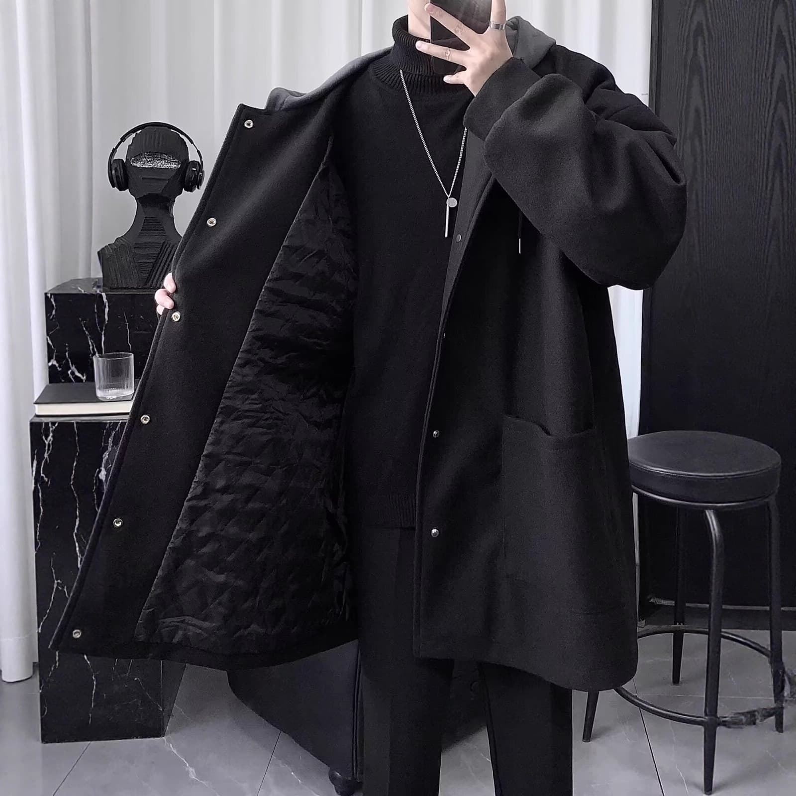 Fake Two-Piece Wool Overcoat Men Winter Mid-Length Knee-Length Tweed Trench Coat British Style Cotton-Padded Thickened Hooded Coat
