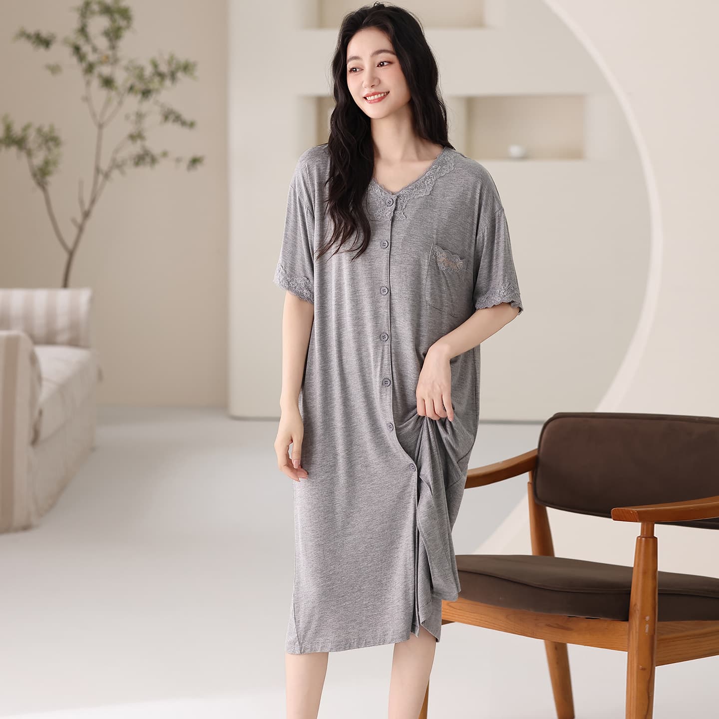 5050 Modal Nightgown for Women, Summer Soft Short-Sleeved Long Dress, Cardigan, Round Neck, Comfortable and Can Be Worn Outside as Home Clothes