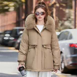 Womens Oversized Hooded Down Parka Zip Off Sleeves Shearling