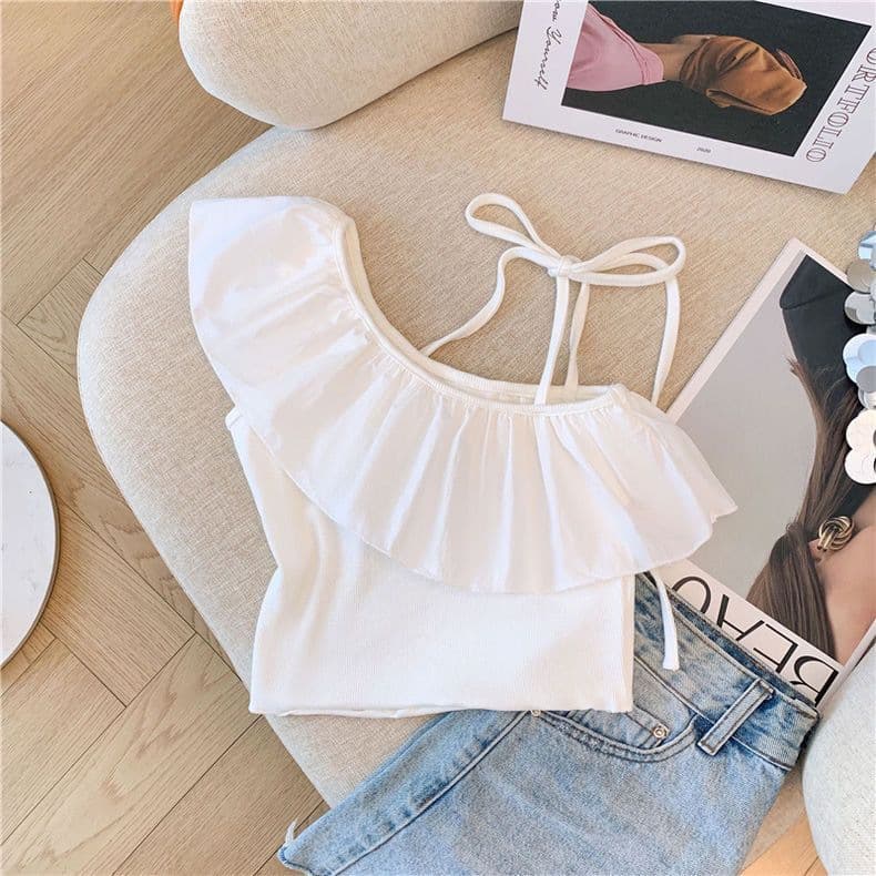Girls slanted shoulder top summer short camisole baby girl ruffled lace-up sleeveless top 0015A078