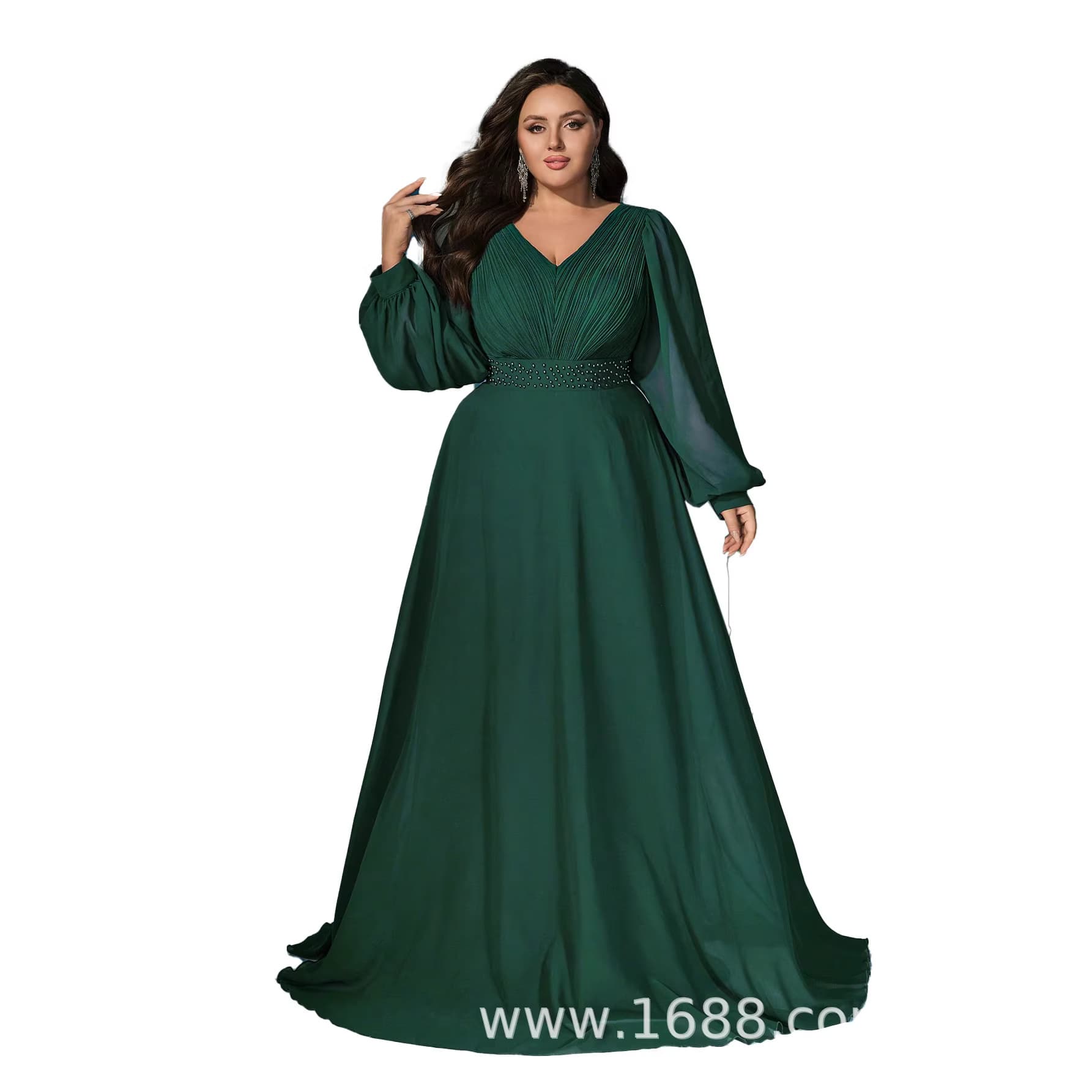 2025 New Cross-Border Plus Size V-Neck Dress with Beaded Waist Slimming Light Luxury Banquet Gown