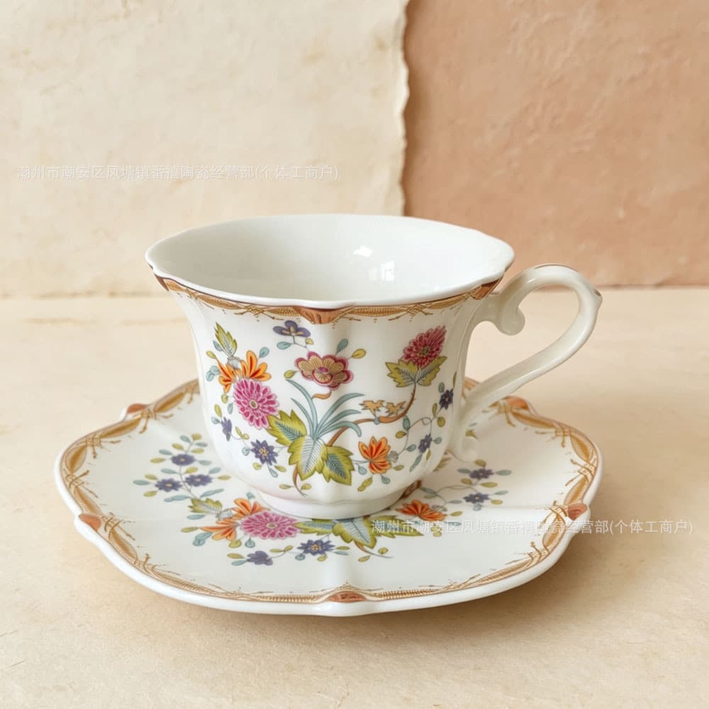 Souvenir tea cup with golden flowers, ceramic cup and saucer set, afternoon tea set, coffee cup and saucer, restaurant home cup